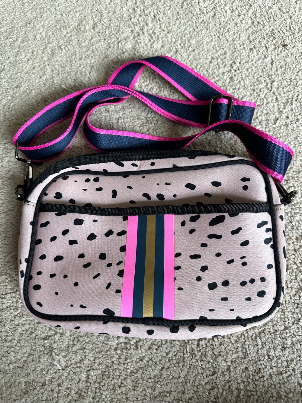 Pink Neoprene Crossbody Bag Animal Print Stripe Adjustable Strap Lightweight Y2K